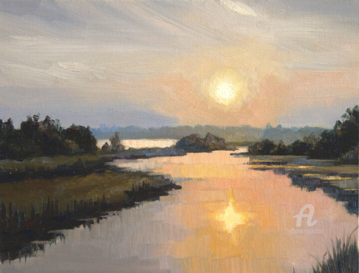 Painting titled "Riverside sunset" by Tatiana Votkal, Original Artwork, Oil