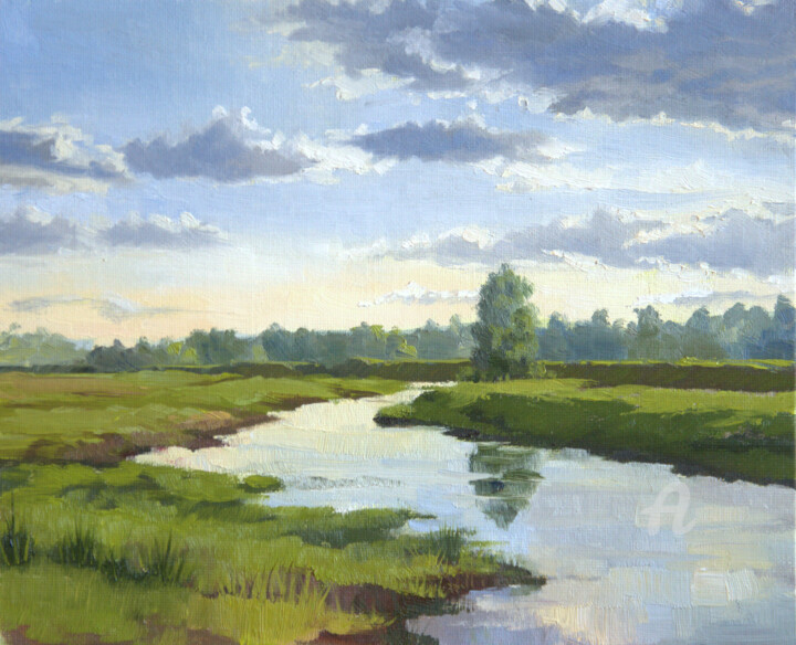 Painting titled "Golden hour. Rriver" by Tatiana Votkal, Original Artwork, Oil