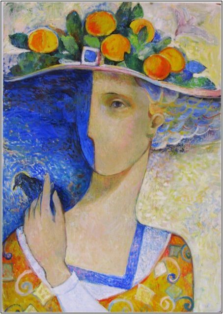 две стороны бытия - two sides of of being - - Painting, 35x50 cm ©2009 by Tatiana Kolganova -
Contemporary painting, портрет женский в шляпе с апельсинами - portrait of woman wearing a hat with orange