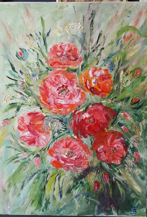 Painting titled "The flowers Poppies" by Tatjana Barova, Original Artwork, Oil