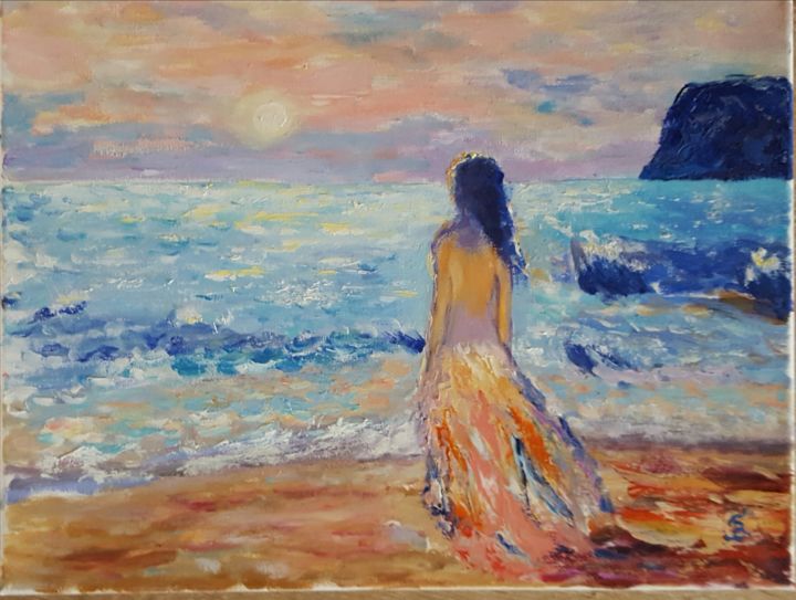 Painting titled "Закат на море." by Tatjana Barova, Original Artwork, Oil