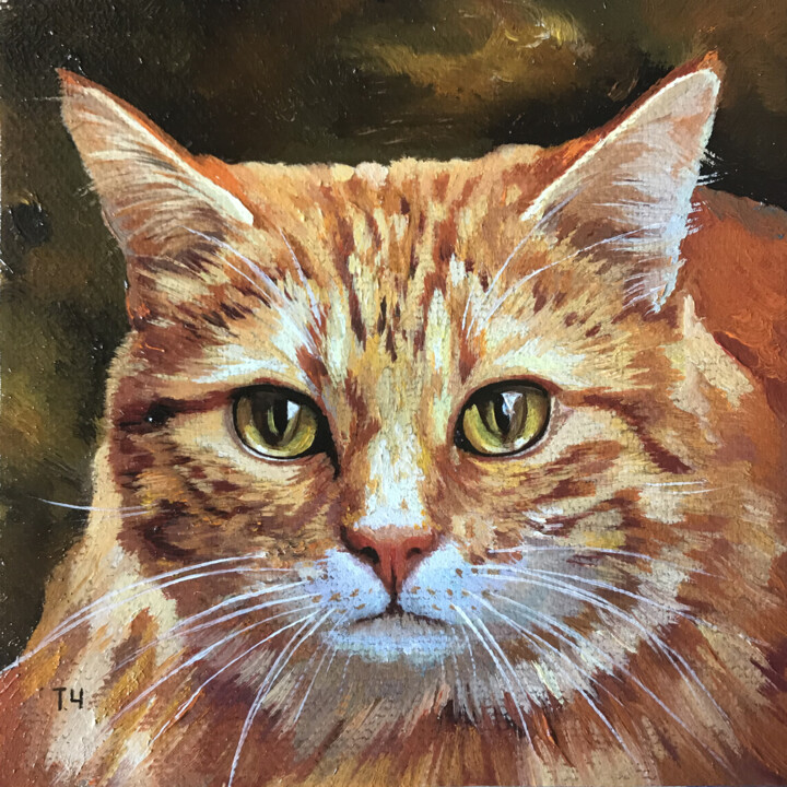 Pintura intitulada "Miniature "Red  cat"" por Tatjana Cechun, Obras de arte originais, Óleo