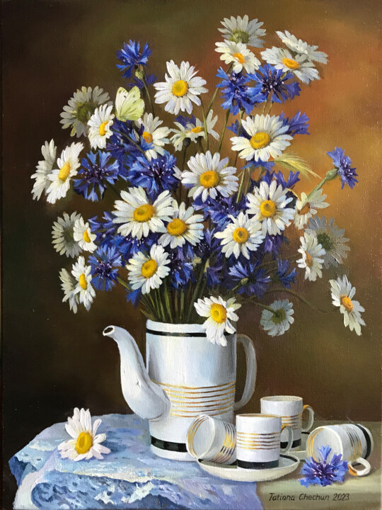 Malerei mit dem Titel "Daisies with Cornfl…" von Tatjana Cechun, Original-Kunstwerk, Öl