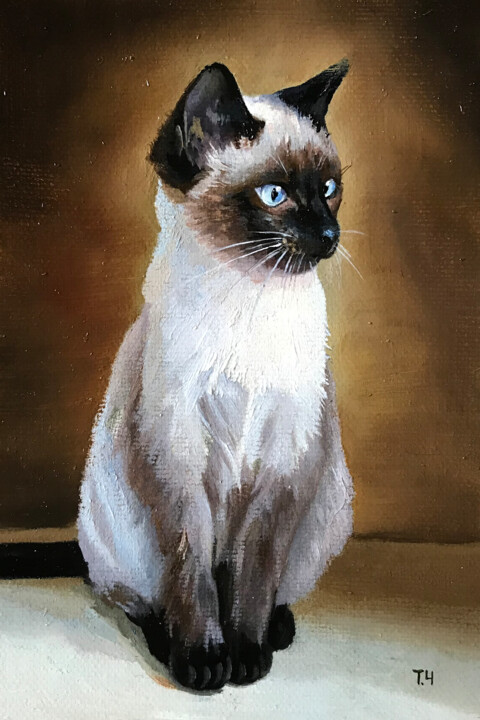 Painting titled "Miniature "Siamese…" by Tatjana Cechun, Original Artwork, Oil