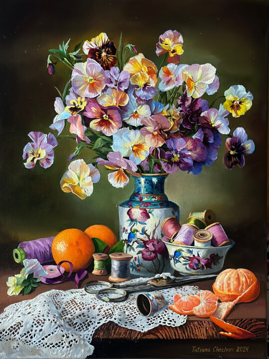 Painting titled "Pansies and threads" by Tatjana Cechun, Original Artwork, Oil