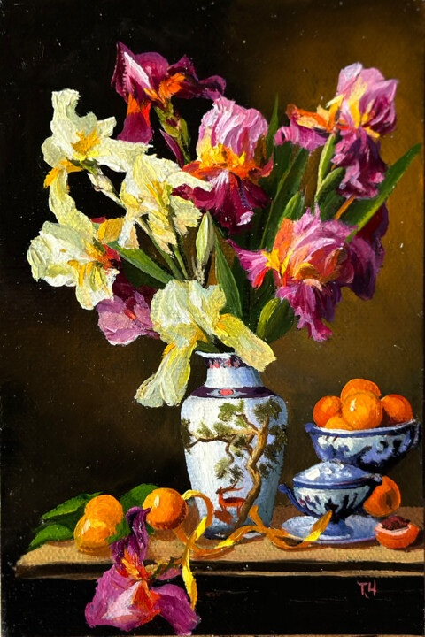 Schilderij getiteld "Miniature «Irises»" door Tatjana Cechun, Origineel Kunstwerk, Olie Gemonteerd op Karton
