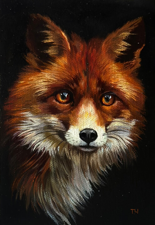 Pintura intitulada "Miniature "Fox"" por Tatjana Cechun, Obras de arte originais, Óleo Montado em Cartão