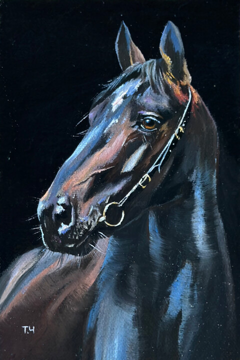 Pintura titulada "Black horse. Murges…" por Tatjana Cechun, Obra de arte original, Oleo Montado en Cartulina
