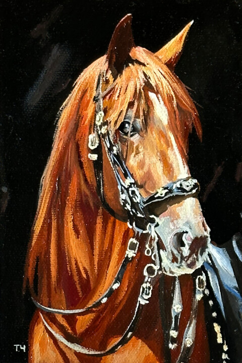 Pintura titulada "Brown horse in harn…" por Tatjana Cechun, Obra de arte original, Oleo Montado en Cartulina