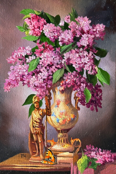 Malerei mit dem Titel "Miniature «Lilac»" von Tatjana Cechun, Original-Kunstwerk, Öl Auf Karton montiert