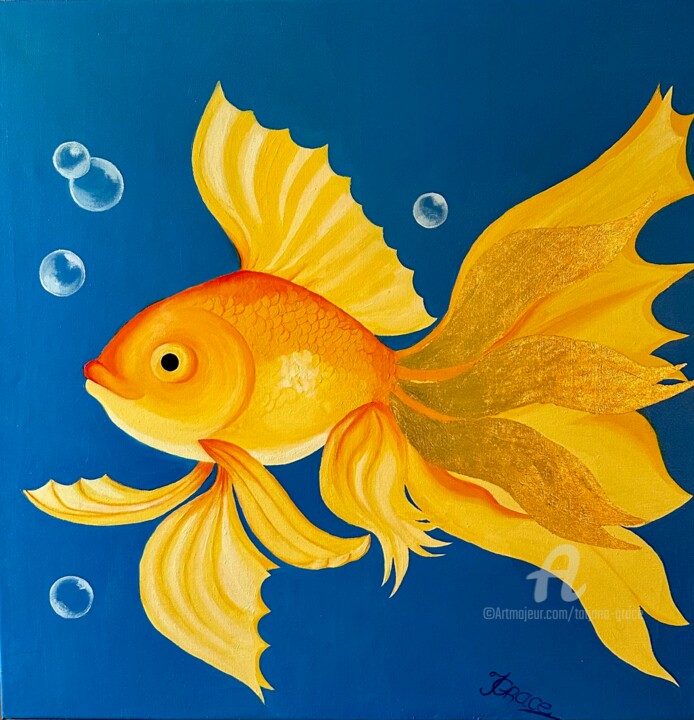 Malerei mit dem Titel "goldfish fulfills y…" von Tatjana Grace, Original-Kunstwerk, Öl