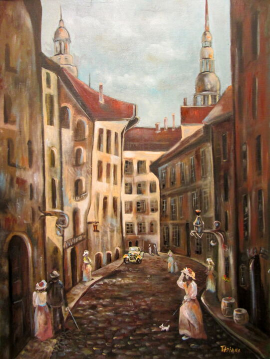 Malerei mit dem Titel "Riga. old street" von Tatjana Gurbo, Original-Kunstwerk, Öl