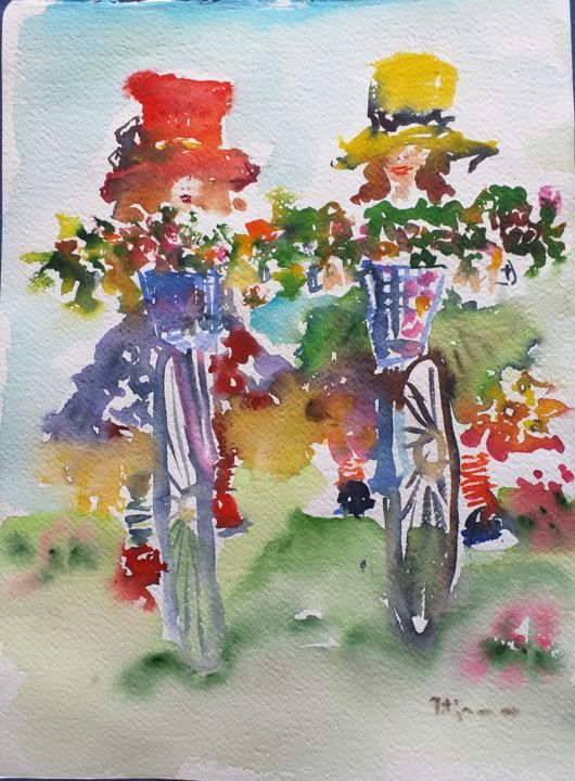 Картина под названием "On the bicycle" - Tatjana Karabasevic, Подлинное произведение искусства, Акварель