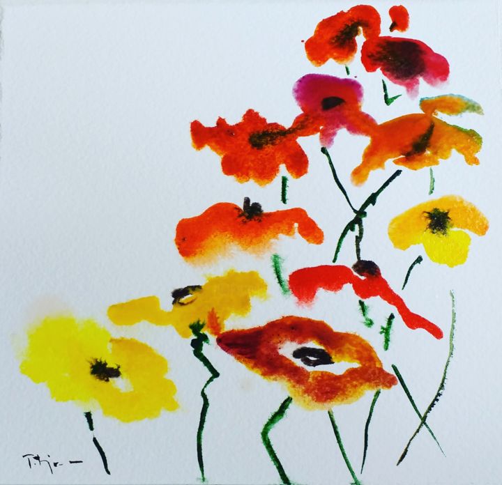 Painting titled "Poppies" by Tatjana Karabasevic, Original Art, Watercolor
