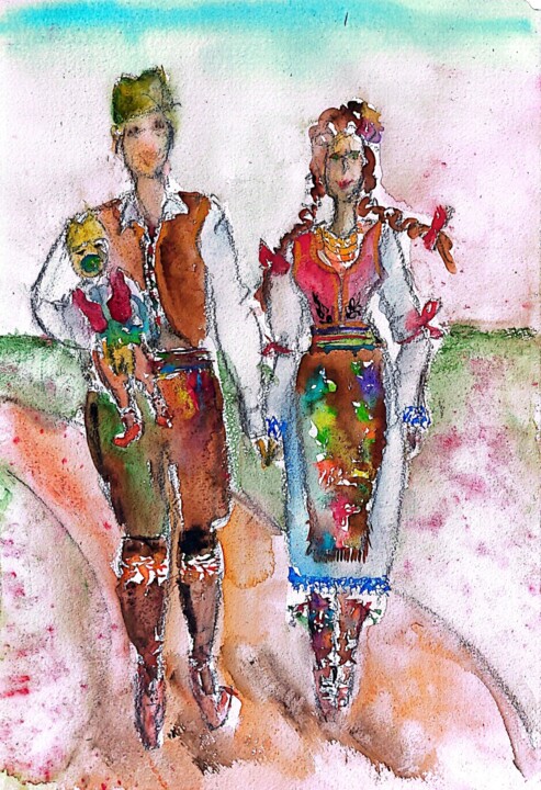 Painting titled "Serbian family in o…" by Tatjana Karabasevic, Original Artwork, Watercolor