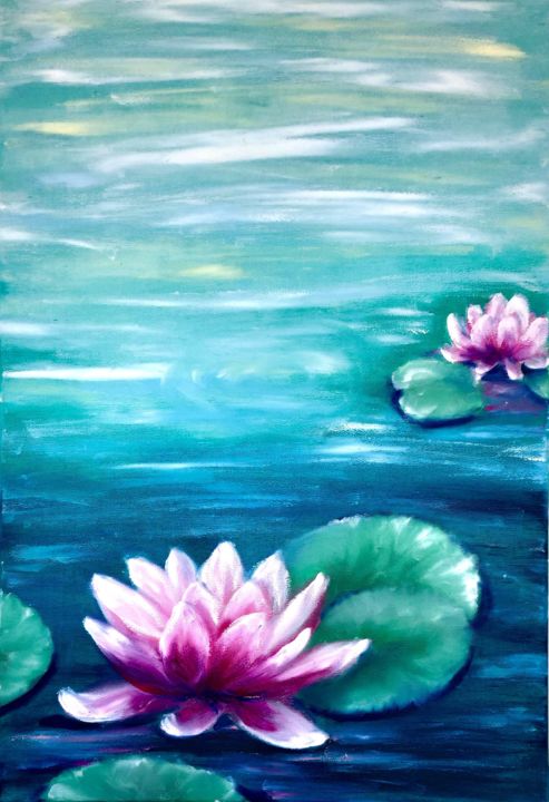 Painting titled "Water lily, reflect…" by Tatsiana Yelistratava, Original Artwork, Oil