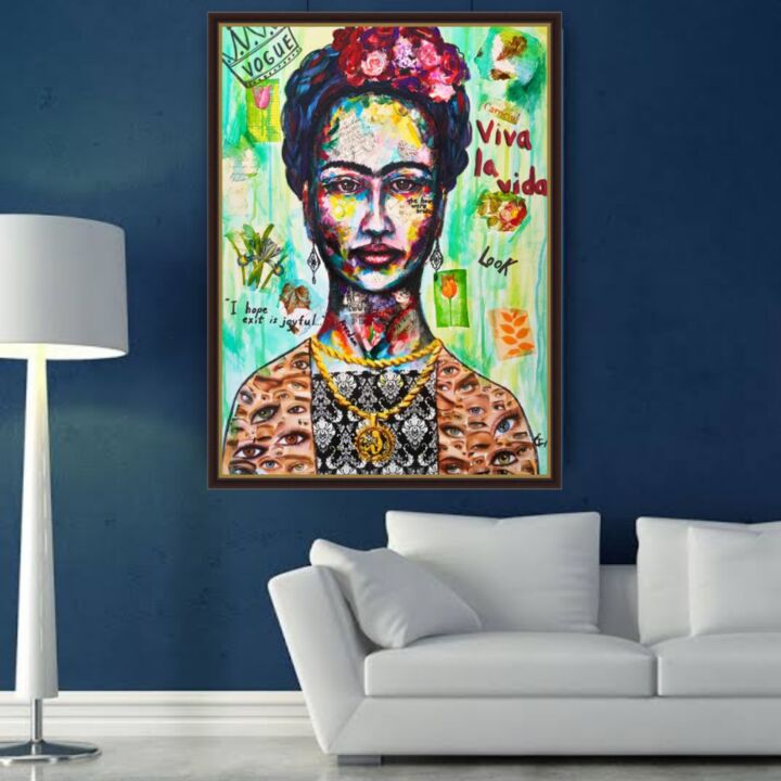 Peinture intitulée "Frida Kahlo pop art…" par Tatsiana Yelistratava, Œuvre d'art originale, Collages