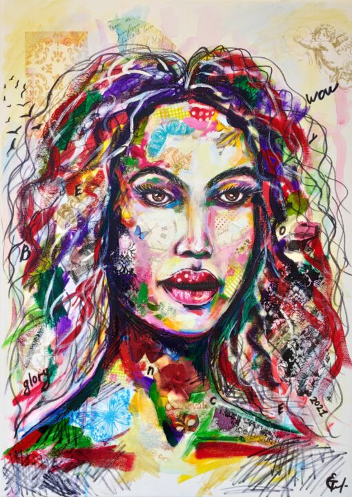 Painting titled "Beyonce pop art cel…" by Tatsiana Yelistratava, Original Artwork, Collages Mounted on Wood Stretcher frame
