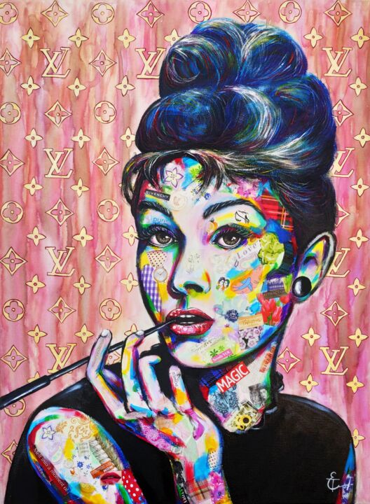 Painting titled "Audrey Hepburn pop…" by Tatsiana Yelistratava, Original Art, Acrylic Mounted on Stretcher frame