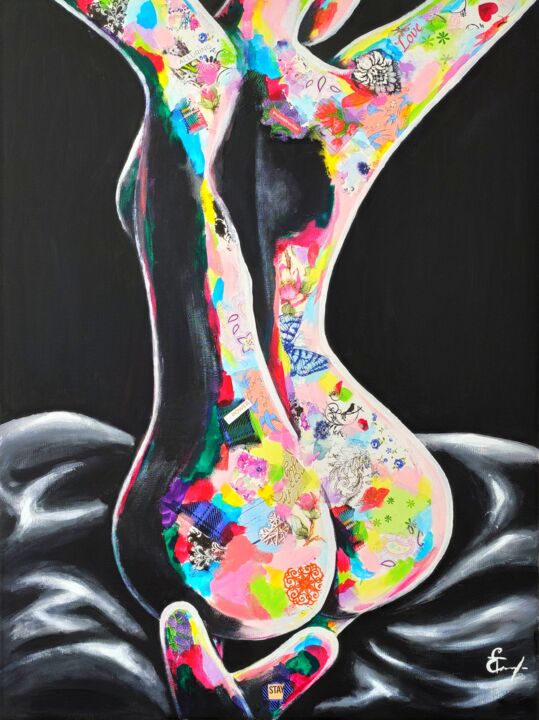 Painting titled "Nacked woman on bla…" by Tatsiana Yelistratava, Original Art, Acrylic Mounted on Stretcher frame