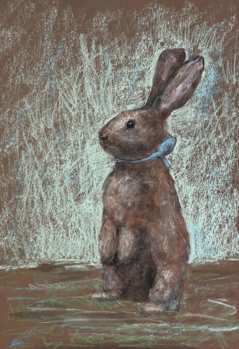 Drawing titled "RABBIT WITH A BLUE…" by Tatsiana Ilyina, Original Artwork, Pastel