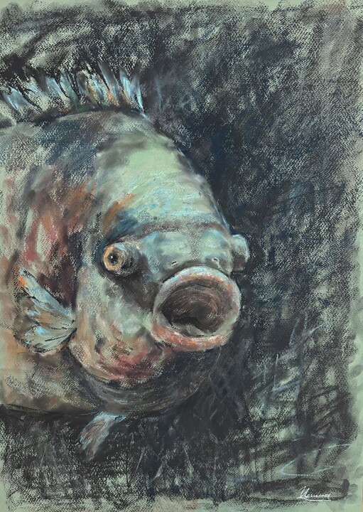 Drawing titled "HUNGRY FISH- animal…" by Tatsiana Ilyina, Original Artwork, Pastel