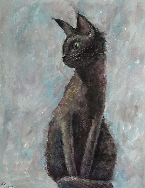 Drawing titled "CAT MARS- Pastel dr…" by Tatsiana Ilyina, Original Artwork, Watercolor
