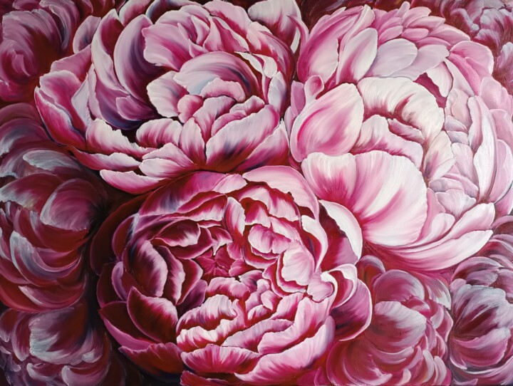 Painting titled "Peony" by Tatsiana Skrabutan, Original Artwork, Oil Mounted on Wood Stretcher frame