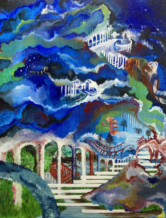 Painting titled "Stairs to Heaven" by Cindy Ndiaye, Original Artwork, Oil