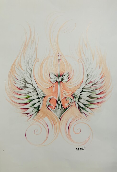 Drawing titled "About Love and Wings" by Cindy Ndiaye, Original Artwork, Pencil