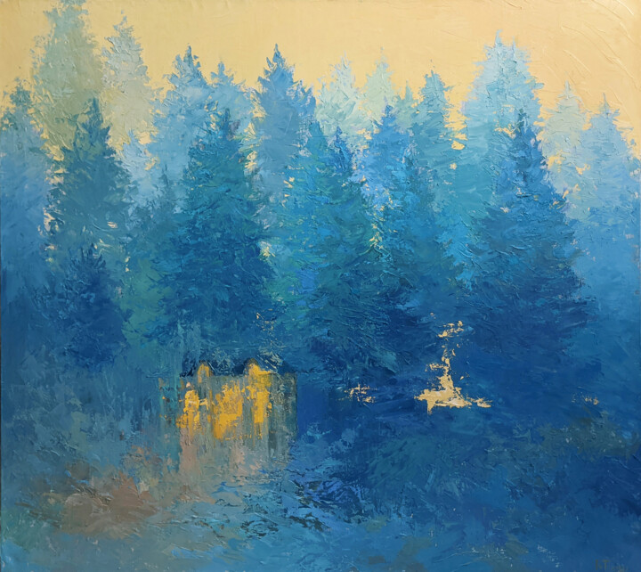 Painting titled "Blue forest" by Tatyana Ivolga, Original Artwork, Oil Mounted on Wood Stretcher frame
