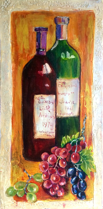 「Wine bottle and gra…」というタイトルの絵画 Tatyana Kurkovaによって, オリジナルのアートワーク, オイル