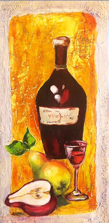 Painting titled "Wine bottle and fru…" by Tatyana Kurkova, Original Artwork, Oil