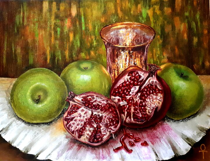 Painting titled "Fruit with a candle" by Tatyana Orlovetskaya, Original Artwork, Oil Mounted on Wood Stretcher frame