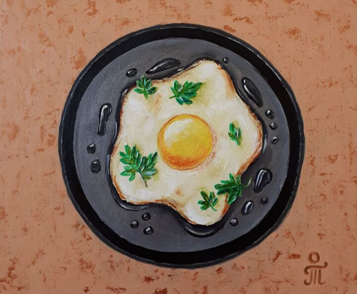 Painting titled "Fried eggs" by Tatyana Orlovetskaya, Original Artwork, Oil Mounted on Cardboard