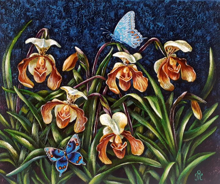Painting titled "Jardin d'orchidees" by Tatyana Orlovetskaya, Original Artwork, Oil Mounted on Wood Stretcher frame
