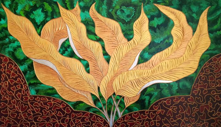 Painting titled "Golden Fern Leaves" by Tatyana Orlovetskaya, Original Artwork, Oil Mounted on Wood Stretcher frame