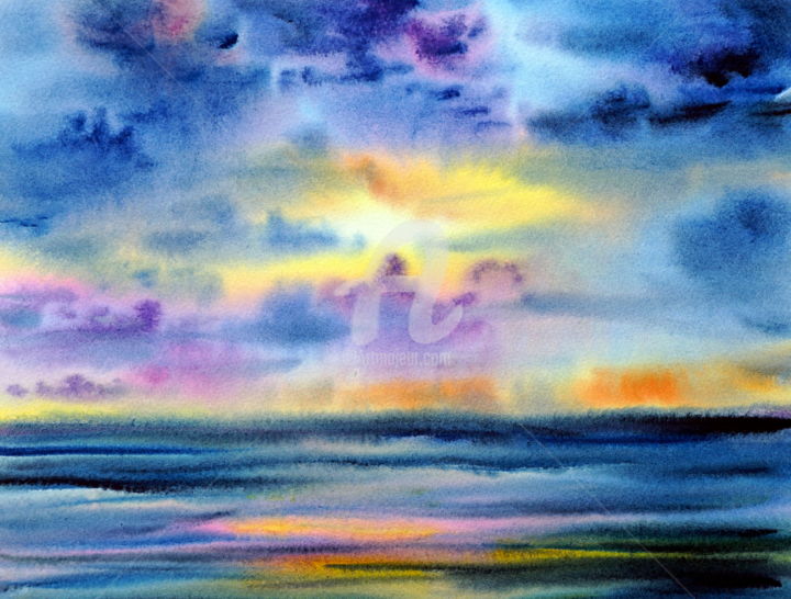 Tekening getiteld "sunset over the sea" door Tatyana Pustovit, Origineel Kunstwerk, Aquarel