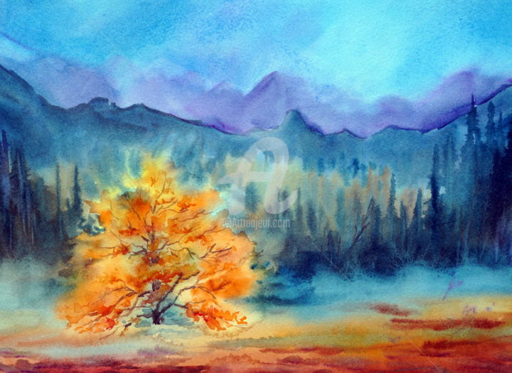 Dessin intitulée "mountain landscape" par Tatyana Pustovit, Œuvre d'art originale, Aquarelle