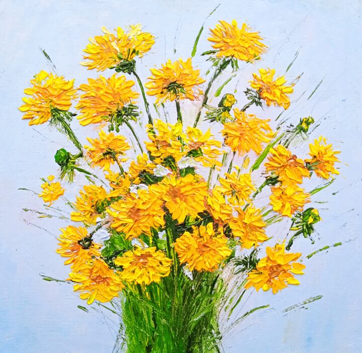 Painting titled "Spring field primro…" by Tatyana Zarembovskaya, Original Artwork, Oil