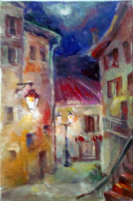 Painting titled "Night,Streen, Lamp" by Tatyana Berestov, Original Artwork, Oil