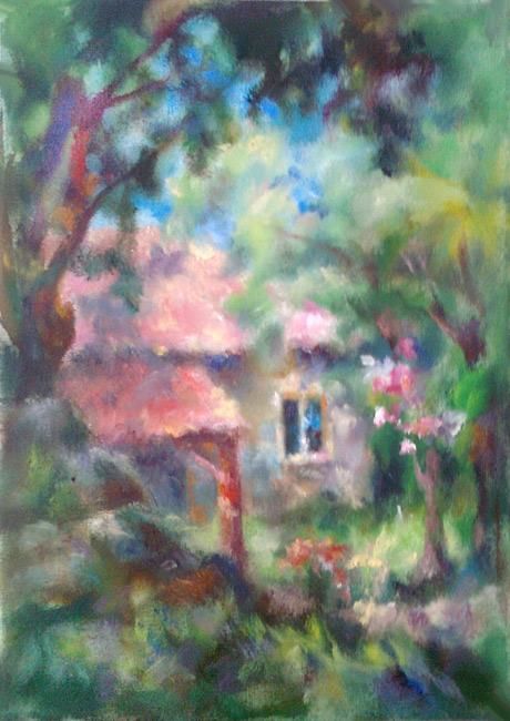 Painting titled "Lodge with a pink r…" by Tatyana Berestov, Original Artwork, Oil