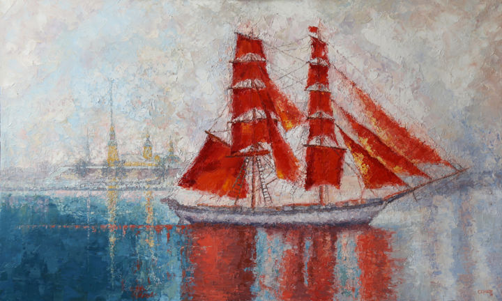 Schilderij getiteld "Алые паруса." door Tatyana Sannikova, Origineel Kunstwerk, Olie