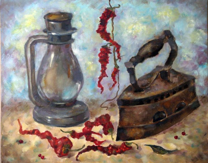 Картина под названием "Натюрморт с перцами" - Татьяна Андреева, Подлинное произведение искусства, Масло