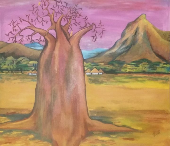 Peinture intitulée "Baobab tree" par Tawengwa Magada, Œuvre d'art originale, Huile