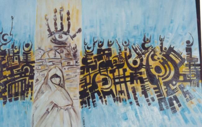 Painting titled "FEMMES AU MARABOUT…" by Tawfik Ali Chaouche, Original Artwork