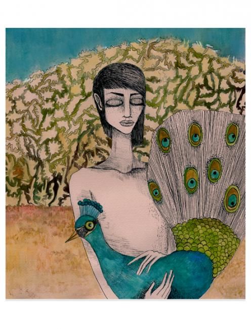 Painting titled "her peacock" by Taxi De La Taxi, Original Artwork