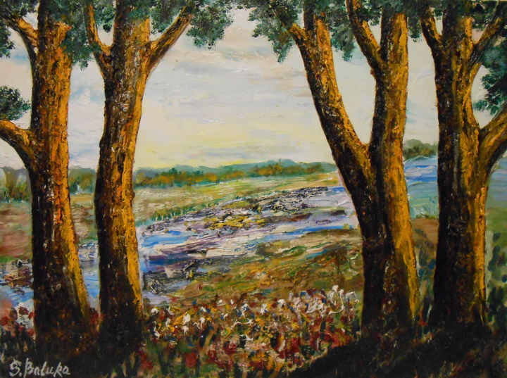 Painting titled "" FABULOUS PINES "" by Sergeys Balura, Original Artwork, Oil Mounted on Wood Stretcher frame