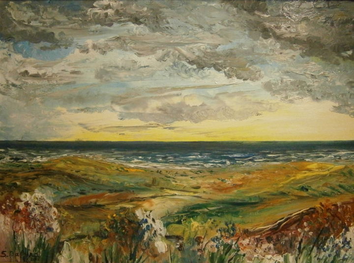 Painting titled ""THE SEA FROM MY IN…" by Sergeys Balura, Original Artwork, Oil Mounted on Wood Stretcher frame