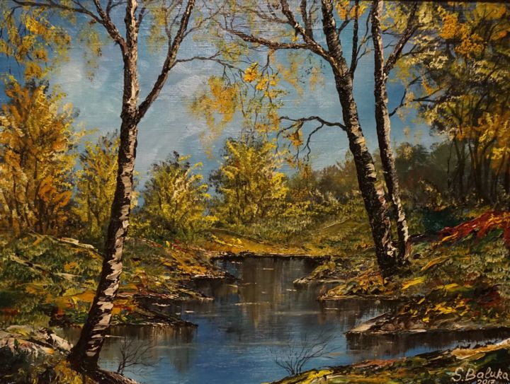 Painting titled ""SWAMP LAKE"" by Sergeys Balura, Original Artwork, Oil Mounted on Wood Stretcher frame